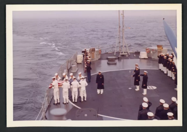 Burial at Sea Navy Sailors Ship Photo 1960s Funeral Military Flag Draped Coffin