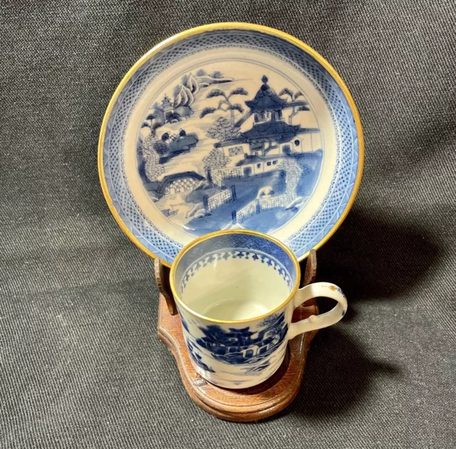 Antique Chinese Export Canton Blue & White Porcelain Cup & Saucer Pre 1891 2