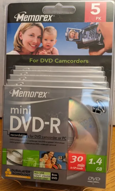 LOT OF 5 MINI DVD-R recordable for camcorder or PC MEMOREX 1.4GB FREE SHIP