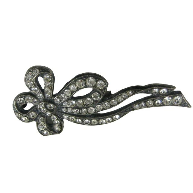 Tied Bow Brooch Pin Silvetone VTG 2.3 in Women Estate Trombone Clasp Rhinestones