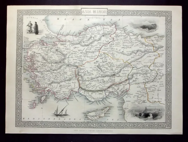 ASIA MINOR, TURKEY, CYPRUS, original antique map, RAPKIN, TALLIS, 1851