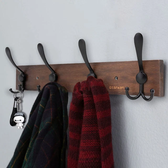 Coat Rack Wall Mount, 4 Metal Hooks, Wooden Heavy Duty Wall Entryway Hanging Coa