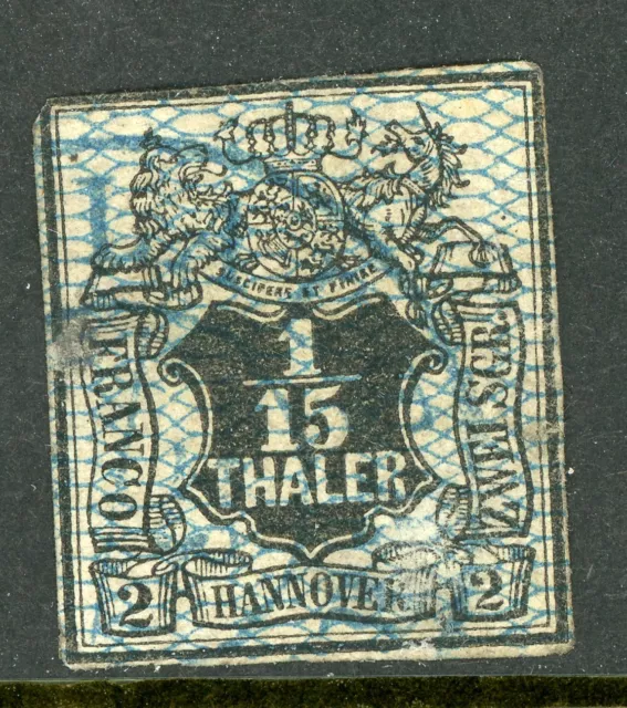 Germany 1856 Hanover 1/15 th Blue w/Network Scott # 13  VFU N446