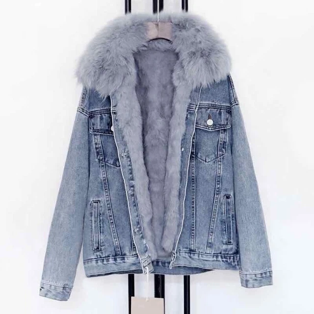 Femmes Polaire Doublé Fausse Fourrure Col Jeans Rembourré Manteau Veste Épais
