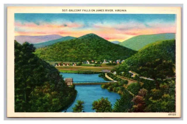 Glasgow VA Virginia Balcony Falls on James River Aerial View Linen Postcard