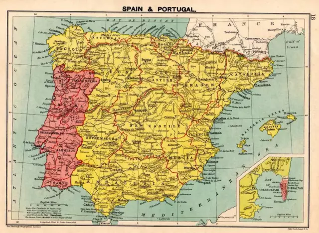 Spain & Portugal c 1898 Original Victorian Colour Map Bartholomew