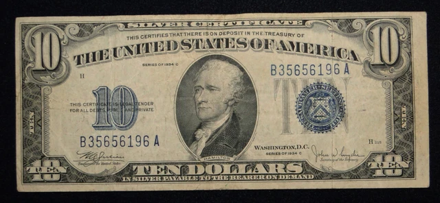 Series Of 1934 C $10 Small Size Blue Seal Silver Certificate