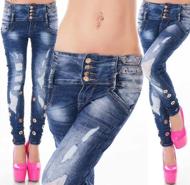Jeans donna elasticizzato pantalone denim con borchie e strappi NUOVO