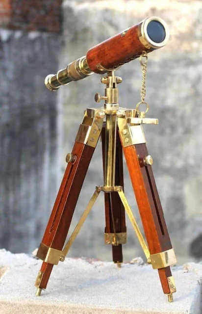 Handmade Golden Brown Antique Leather Finish Brass Telescope with Tripod Stand