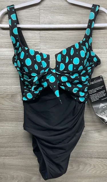 NWT Miraclesuit Swimsuit Women's Sz 16 Black Teal Polka Dot Underwire Slimming