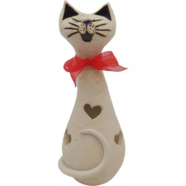 Handmade Pottery Cat Candle Holder - 7.5" Beige Hearts Tealight Figurine Signed