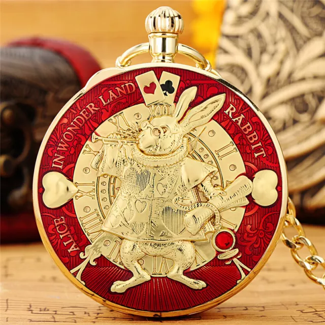 Engraved Gold Alice Rabbit Design Unisex Hand Wind Musical Quartz Pocket Watch