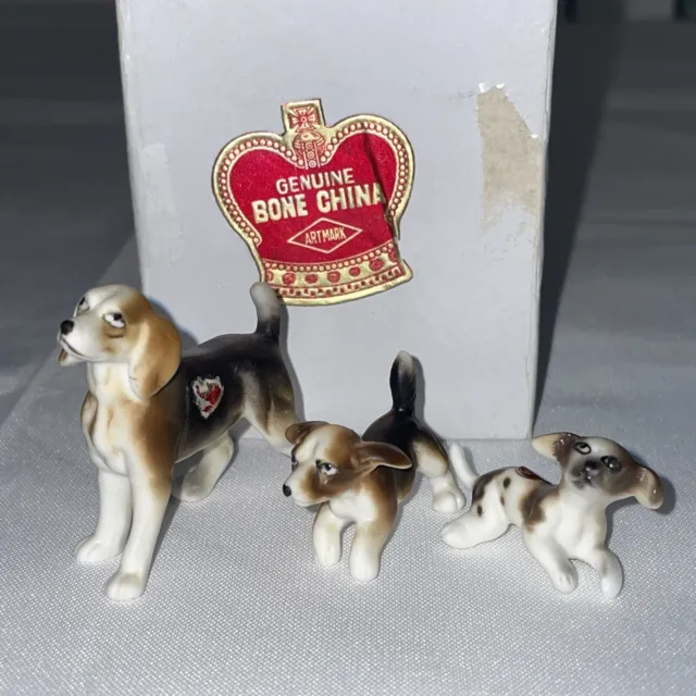 Vtg Mcm Beagle Miniature Figurine Family S.s. Bone China Dalmatian Made In Japan