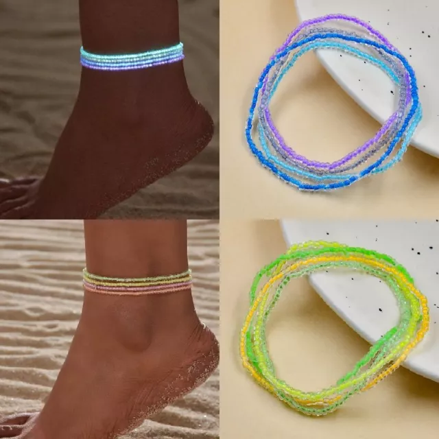 4pcs Women Boho Glow In The Dark Bead Anklet Bracelet Elastic Foot Beach Jewelry