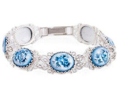 Finift Bracelet Hand Painted Russia Blue Flowers 7" Copper Silver Plated Gzhel