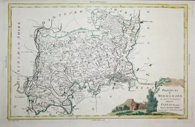 Middlesex County Inglaterra Londres Zatta Mapa Grabado 1779