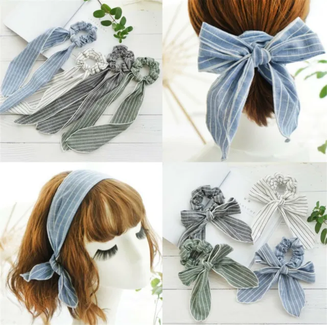 Women Girl Retro Denim Stripe Color Scrunchies with Headband Hairband Ribbon Bow