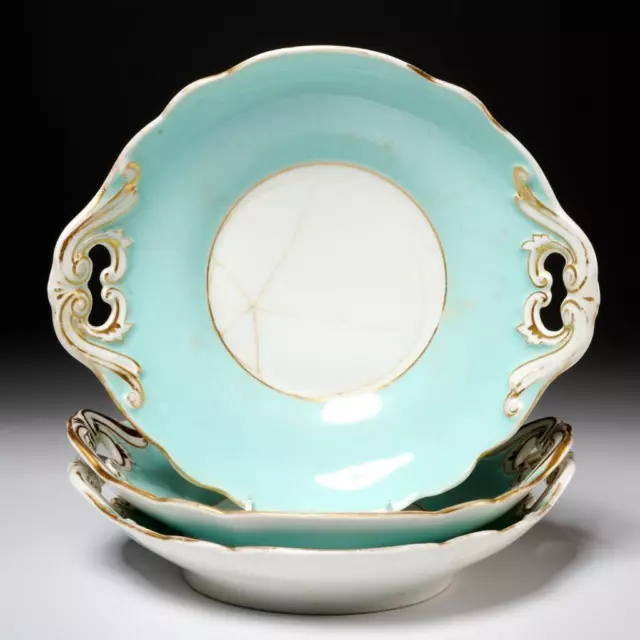 Sevres Antique French Porcelain Rococo Blue Turquoise Two Handled Bowl Dish 3pcs