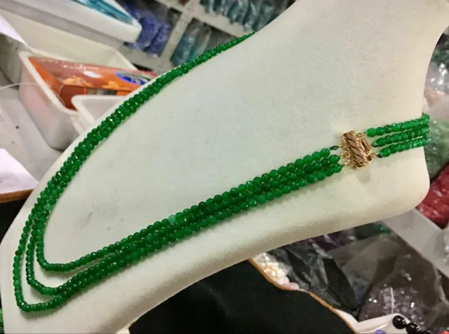 3 Reihen Facettiert 4mm Grün Jade Rund Edelstein Perlen Halskette 18-20''