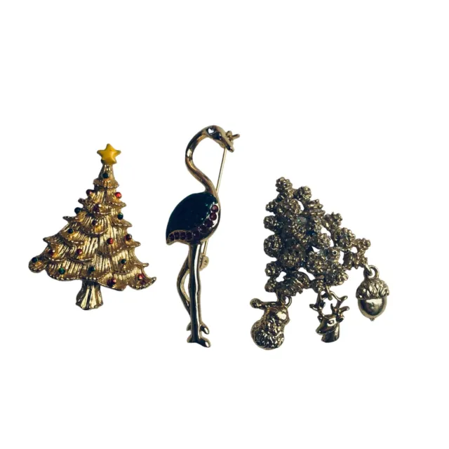 3 PC VINTAGE Christmas Tree Brooch Flamingo Rhinestones Enamel Holiday ...