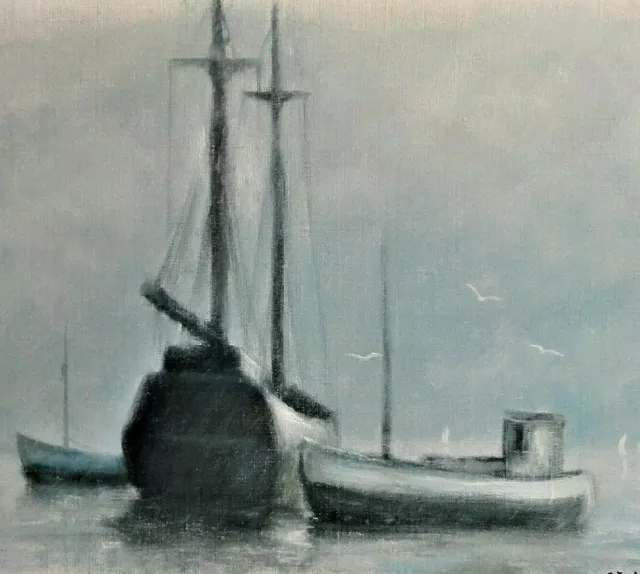 Carl Julius (Pseud. Schneider) (*1927)See-Gemälde: FISCHKUTTER NEBEN SEGELSCHIFF