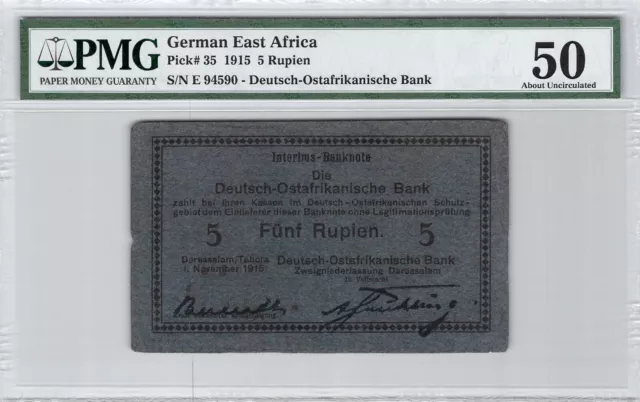 Alemania De Este Ostafrikanische 5 Rupias 1915 Pick 35 PMG 50 Ma