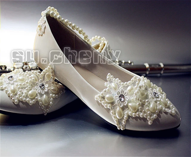 Su.Cheny Women's Pearl Ballet Flats - Ivory White Satin Wedding Bridal Shoes Sizes 5-13