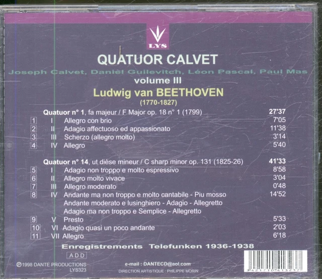 LYS323 QUATUOR CALVET Beethoven - Quatuor N°1 En Fa Majeur Op.18 N°1 ...