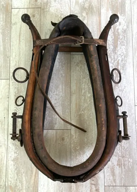 Antique rustic Horse/Mule Harness Yoke Collar wood, brass, cast iron, leather