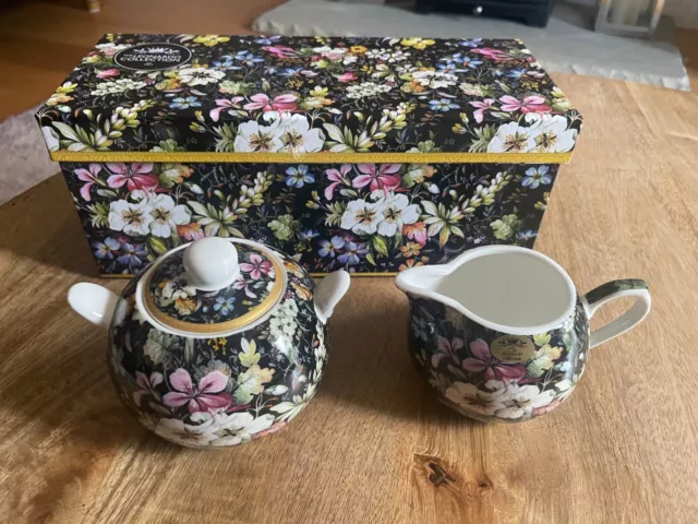 Milk Jug & Sugar Bowl Set Fine China Black Floral Gift Boxed Leonardo Collection