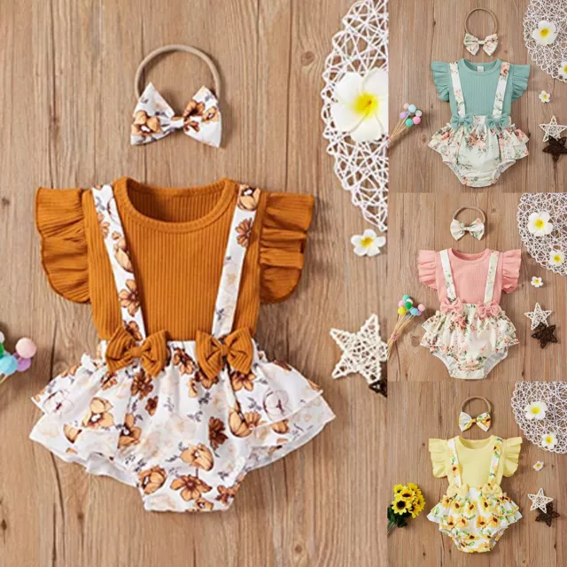 Baby Girl Summer Clothes Set Ruffle Flying Romper Floral Shorts Headband 3PC Set