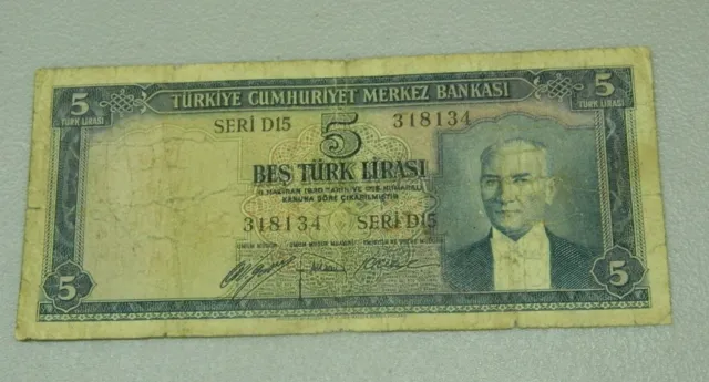 Turkey 5 Lira L. 1930 (1951 - 1960) Banknote Pic# 154. Seri D15