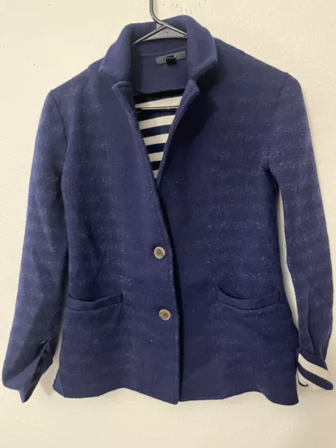 womens navy J CREW sweater blazer jacket G9843 merino wool striped lining XS