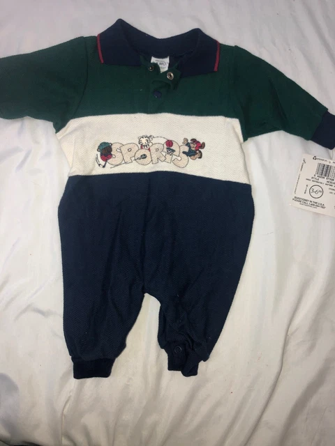 Vintage HealthTex Infant Coverall Green Blue White Sports 3 - 6 Months