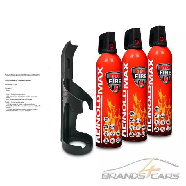 3x 750ml REINOLDMAX STOP FIRE UNIVERSAL FEUERLÖSCHSPRAY AUTO KFZ + WANDHALTER