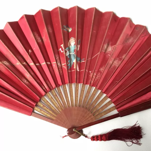 Grand EVENTAIL Ancien Décor Peint sur Soie Rouge 1900 Antique HANDFAN VENTAGLIO