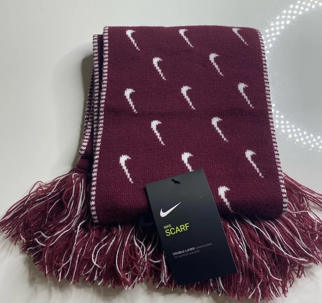 NEW NIKE Red Burgundy White SWOOSH SCARF w/ Fringe Double Layer 59" L x 7" W