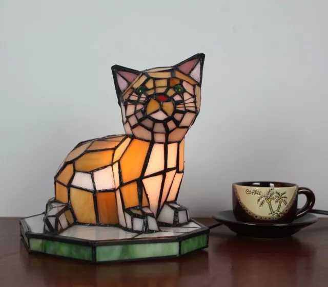 Tiffany Style Stained Glass Accent Table Lamp Kitty Cat Night Light Bedside Lamp