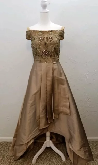 Adrianna Papell Size 4 Brown Taffeta Beaded Hi-Lo Formal Evening Gown Dress