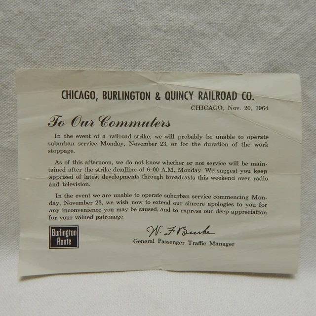 Chicago, Burlington & Quincy Railroad, Railroad Strike Notice To Commuters 1964