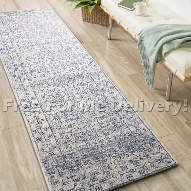 SULIS ALLOVER IVORY BLUE TRADITIONAL RUG RUNNER (L) 80x400cm **FREE DELIVERY**