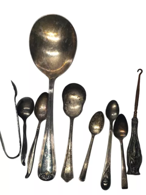 Antique Vintage Silver Plate Spoons Sugar Tong, Botton Hook, Gerber Spoon Lot