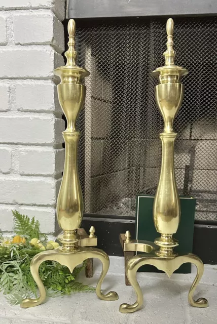 Federal Styled Andirons Solid Brass Cast Iron Legs Vintage Fireplace Accessory 3