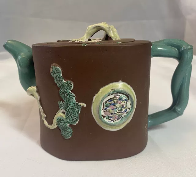 Antique Chinese Yixing Zisha Clay Teapot With Colorful Glaze Of 3 WINTER FRIENDS