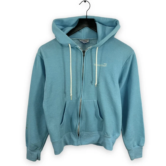 Vtg 70s 80s Baby Blue Full Zip Hoodie Sweatshirt Short Boxy Small Track & Court
