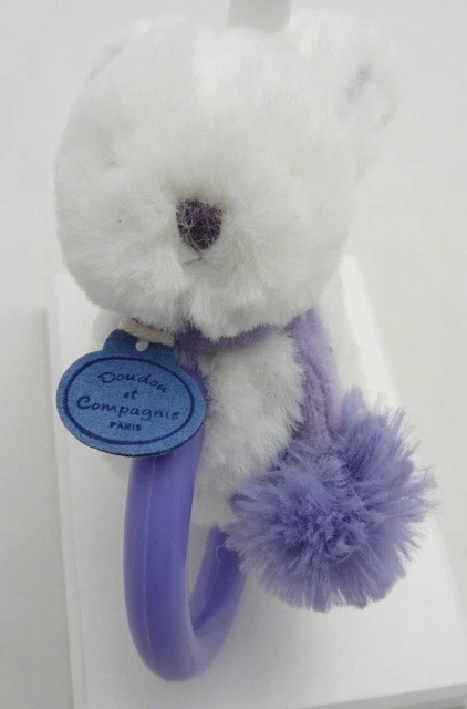 Doudou et Compagnie hochet lapin fourrure pompon blanc et lavande 15 cm