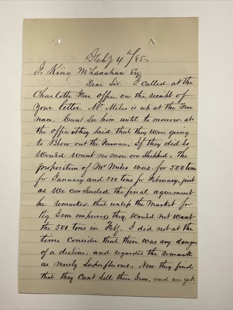 1885 Handwritten Letter about Pig Iron & Furnaces Charlotte, North Carolina