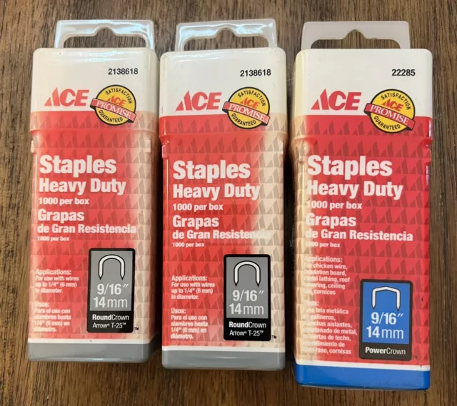 Lot 3 ACE Staples 1000 Box Variety 9/16” 14mm 3000 PCs Total Heavy Duty