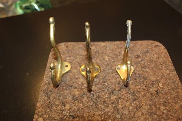 Lot of 3 Vintage Brass Double Wall Hook - Coat Hat Clothes Hanger