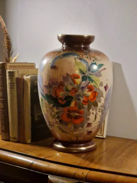 Big Antique Victorian Bristol Glass Hand Enamelled Pictorial & Floral Motif Vase